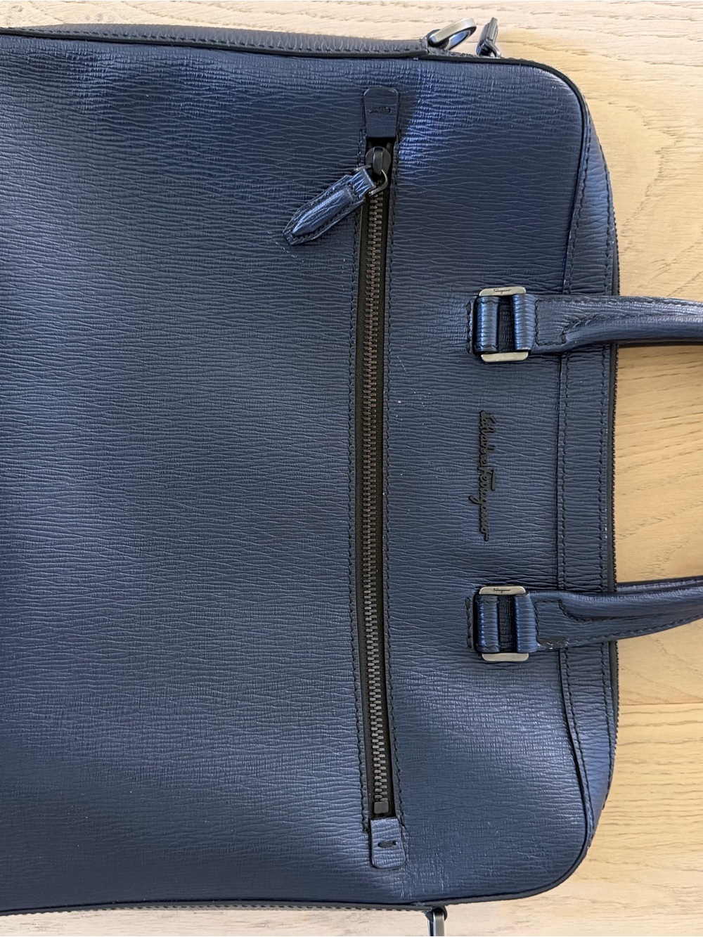 Salvatore Ferragamo Blue Leather Briefcase with Front Zip